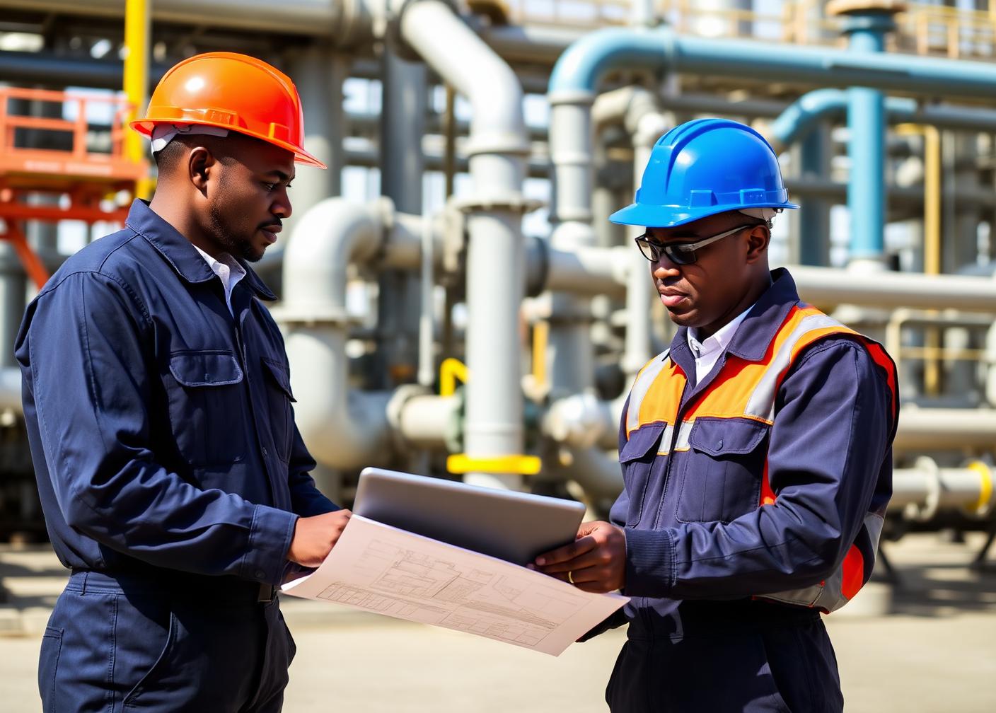Two TIS engineers reviewing gas plant drawings on a tablet at a processing facility